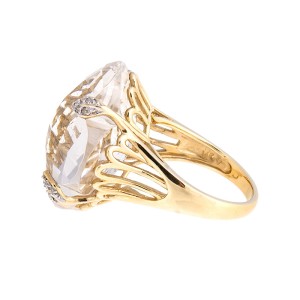 Dramatic 14k Yellow Gold Faceted Quartz & Diamond Ring