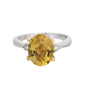 Lovely Sunny Platinum & 18k Yellow Gold 3 Ct Golden Beryl And Diamond Ring