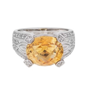 Attractive And Unique 14k White Gold Citrine And Diamond Ring