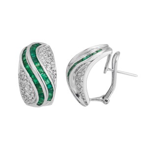 Opulent And Very Elegant 14k White Gold Emerald & Diamond Earrings