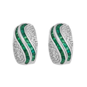 Opulent And Very Elegant 14k White Gold Emerald & Diamond Earrings