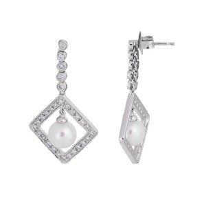 Heavenly Graceful 14k White Gold Cultured Pearl And Diamond Dangle Earrings
