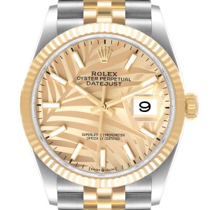 Rolex Datejust Steel Yellow Gold Golden Palm Dial Mens Watch 