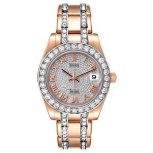 Rolex Pearlmaster 34 Rose Gold Pave Diamond Dial Ladies Watch 
