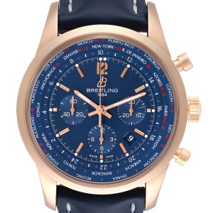 Breitling Transocean Blue Dial Rose Gold Mens Watch 
