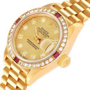 Rolex President Datejust Yellow Gold Diamond Ruby Ladies Watch 