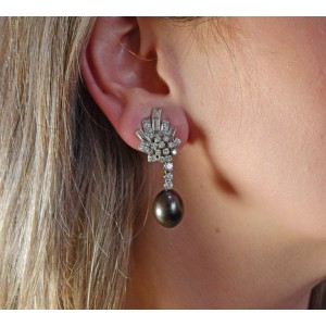 South Sea Pearl Diamond Platinum Night and Day Earrings