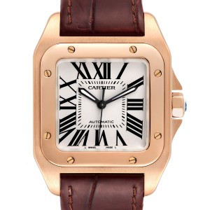 Cartier Santos 100 Midsize Rose Gold Silver Dial Mens Watch 