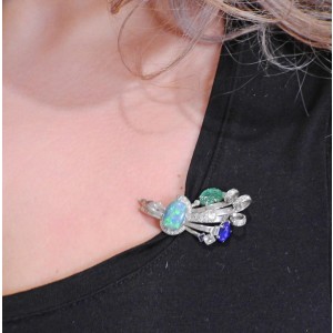 Retro Opal Carved Emerald Sapphire Diamond Platinum Brooch