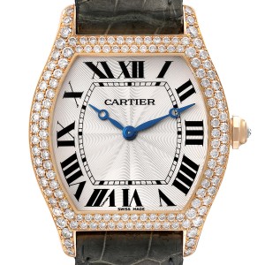 Cartier Tortue Rose Gold Diamond Grey Strap Ladies Watch 