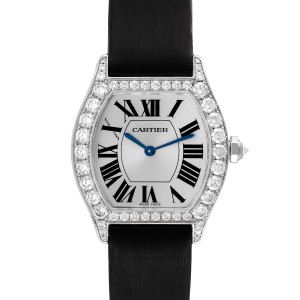 Cartier Tortue 18k White Gold Diamond Black Strap Ladies Watch 