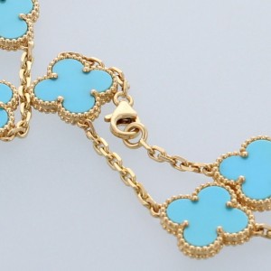 Van Cleef & Arpels 18K Yellow Gold Alhambra 20 Motif Turquoise Necklace