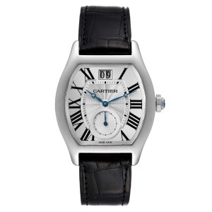 Cartier Tortue XL Silver Flinque Dial 18K White Gold Mens Watch  