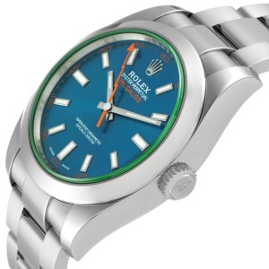 Rolex Milgauss Blue Dial Green Crystal Steel Mens Watch  