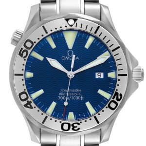 Omega Seamaster Electric Blue Wave Dial Steel Mens Watch