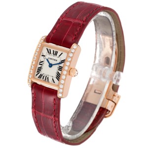 Cartier Tank Francaise Rose Gold Diamond Burgundy Strap Ladies Watch 