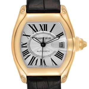 Cartier Roadster Yellow Gold Silver Dial Large Mens Watch 