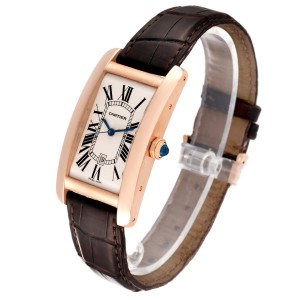 Cartier Tank Americaine Large 18K Rose Gold Brown Strap Watch 