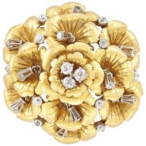14 Karat Gold, Platinum and Three Old-Mine Diamond Domed Flower Brooch