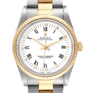 Rolex Oyster Perpetual Steel Yellow Gold White Roman Dial Mens Watch  