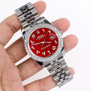 Rolex Datejust 116200 36mm 2.0ct Diamond Bezel/Red MOP Diamond Arabic Dial Steel Watch