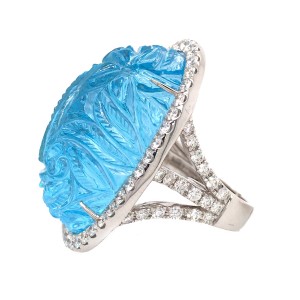 18k White Gold Hand Carve Blue Topaz and Diamond Ring