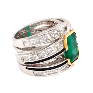 Estate 18k White Gold Emerald and Diamond 3 Row Ring