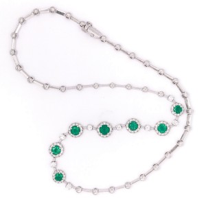 18k White Gold Emerald and Diamond Station Necklace