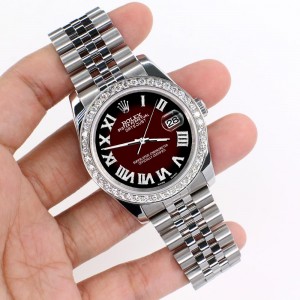 Rolex Datejust 116200 36mm 2.0ct Diamond Bezel/Maroon Vignette Diamond Roman Dial Steel Watch