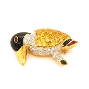 Estate 18K Yellow Gold Sapphire and Diamond Tucan Bird Pin
