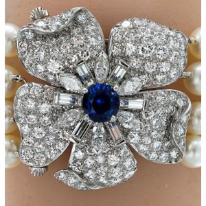 Four Strand Cultured Pearl, Platinum, Diamond and Sapphire Flower Bracelet