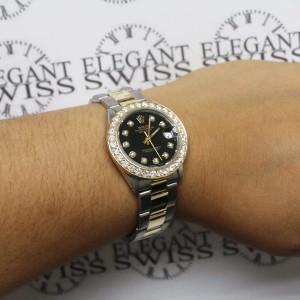 Rolex Datejust Midsize 2-Tone 18K/SS 31mm Automatic Oyster Watch with Black Diamond Dial & 18K Diamond Bezel 6824