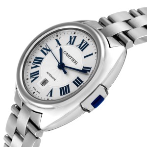 Cartier Cle Silver Guilloche Dial Automatic Steel Ladies Watch  
