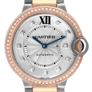 Cartier Ballon Bleu Steel Rose Gold Diamond Bezel Ladies Watch 