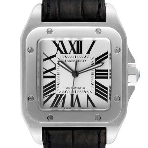 Cartier Santos 100 Silver Dial Black Strap Steel Mens Watch  