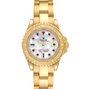 Rolex Yachtmaster 29 Yellow Gold MOP Ruby Dial Ladies Watch  