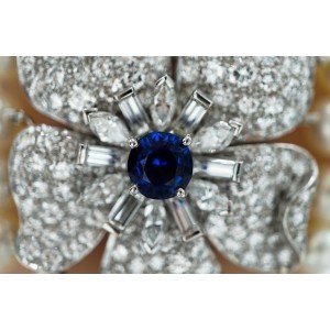 Four Strand Cultured Pearl, Platinum, Diamond and Sapphire Flower Bracelet