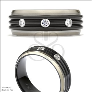 Hearts on Fire Black and  White Titanium 0.20ct Diamond Tri-Dome Band Ring Size 8
