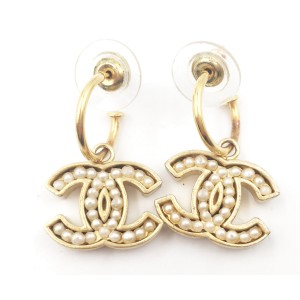 Chanel Gold Plated CC Simulated Glass Pearl Piercing Earrings 