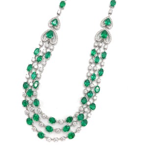 18k White Gold Emerald and Diamond Layered Necklace