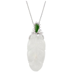 GIA Certified 18k Carved White Jade, Jade and Diamond Pendant and Chain Necklace