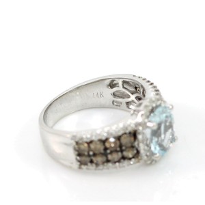 LeVian 14K White Gold Aquamarine, Chocolate & White Diamond Ring Size 7