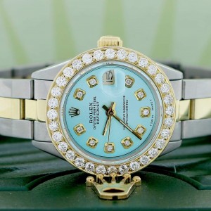 Rolex Datejust Ladies 2-Tone Gold/Steel 26MM Automatic Oyster Watch w/Sky Blue MOP Diamond Dial & 1.30CT Bezel