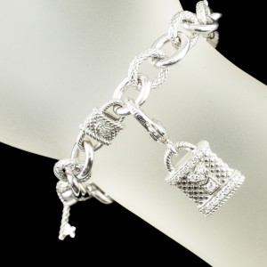Judith Ripka 925 Sterling Silver "Key to my Heart" with Smoky Quartz Charm Bracelet
