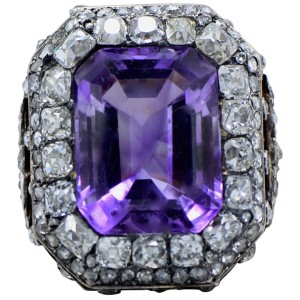 Very Beautiful Antique Diamond, Amethyst, Gold and Silver Ring
