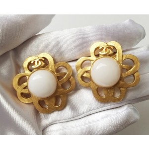 Chanel Gold-Tone and Simulated Glass Pearl CC Vintage Earrings