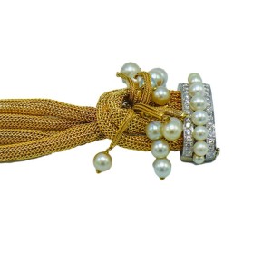 6 1/8Four Strand Gold Mesh, White Gold, Cultured Pearl and Diamond Fringe Bracelet