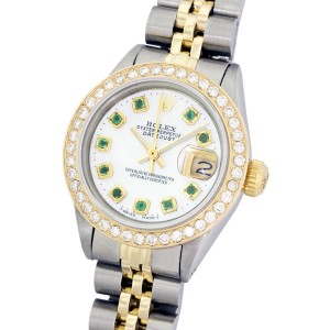 Rolex Ladies Datejust Stainless Steel and 18K Gold MOP Diamond and Emerald Watch