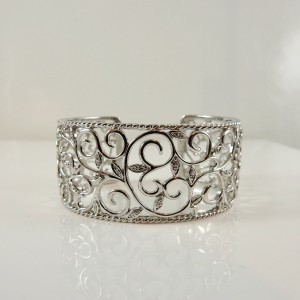 Sterling Silver Laurel Design Cuff Bracelet with Diamond Accents