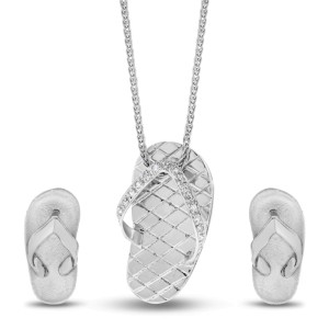 14k White Gold Diamond Hawaii Sandal Flip Flops Earrings and Pendant Set 